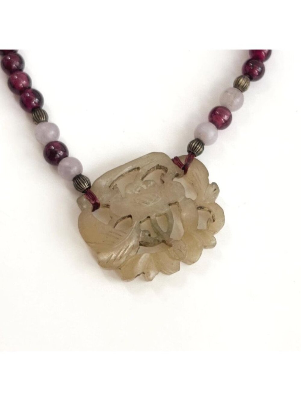 Jade & Garnet Beaded Stone Chinese Inspired Vintage Pendant Necklace - 21"